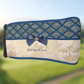  Navy Gold Damask Kijk met Bow en Naam Golfheadcover