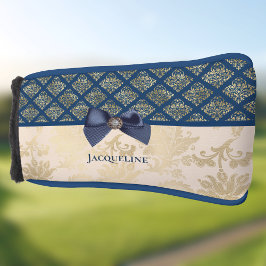  Navy Gold Damask Kijk met Bow en Naam Golfheadcover