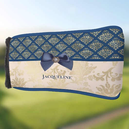  Navy Gold Damask Kijk met Bow en Naam Golfheadcover