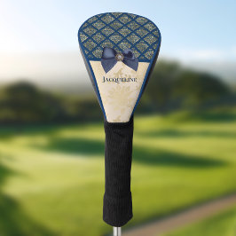  Navy Gold Damask Kijk met Bow en Naam Golfheadcover