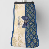  Navy Gold Damask Kijk met Bow en Naam Golfheadcover (Draai 90)
