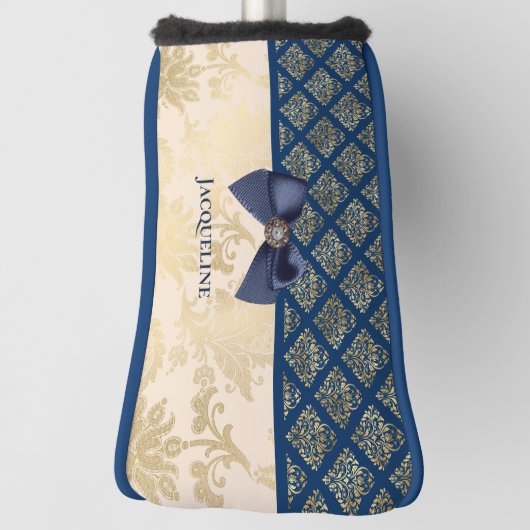  Navy Gold Damask Kijk met Bow en Naam Golfheadcover (Draai 90)