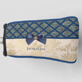  Navy Gold Damask Kijk met Bow en Naam Golfheadcover (Voorkant)