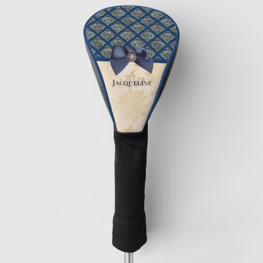 Navy Gold Damask Kijk met Bow en Naam Golfheadcover (Voorkant)