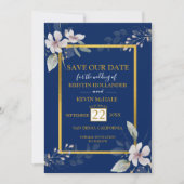 Navy Gold Dusty White waterverf bloemen  Save The Date (Voorkant)