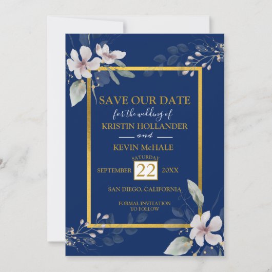 Navy Gold Dusty White waterverf bloemen  Save The Date (Voorkant)