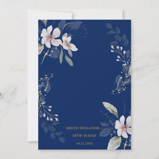 Navy Gold Dusty White waterverf bloemen Save The Date (Achterkant)