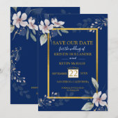 Navy Gold Dusty White waterverf bloemen  Save The Date (Voorkant / Achterkant)