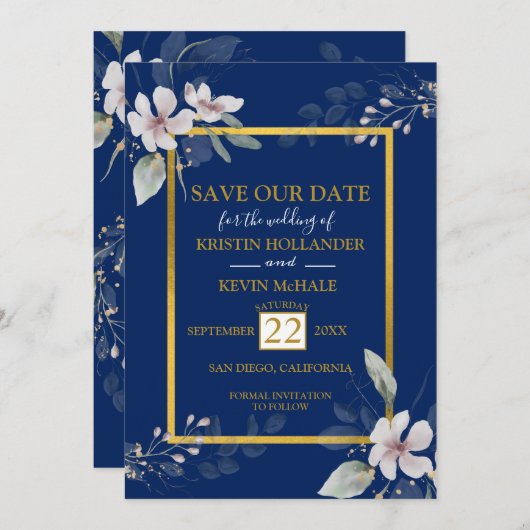 Navy Gold Dusty White waterverf bloemen Save The Date (Voorkant / Achterkant)