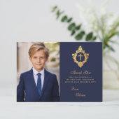 Navy Gold Eerste Communie Elegante Jongen Foto Cre Bedankkaart (Staand voorkant)