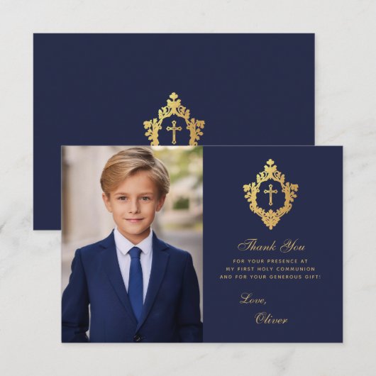 Navy Gold Eerste Communie Elegante Jongen Foto Cre Bedankkaart (Voorkant / Achterkant)