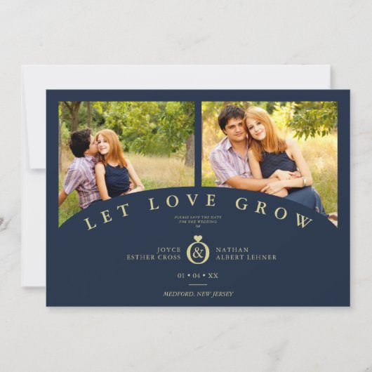 Navy Gold Elegant 2 Photos let Love Grow Wedding (Voorkant)
