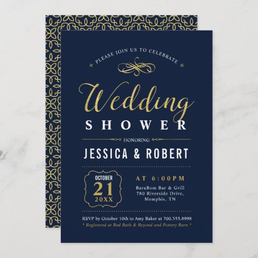 Navy & Gold | Elegant Couples Wedding Shower Kaart (Voorkant / Achterkant)