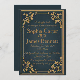 Navy Gold Elegant Formal Wedding Invitation Kaart