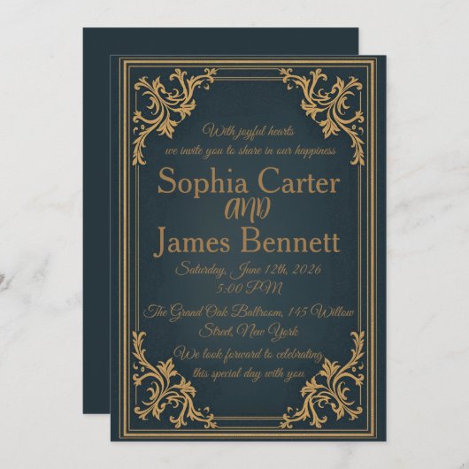 Navy Gold Elegant Formal Wedding Invitation Kaart (Voorkant / Achterkant)