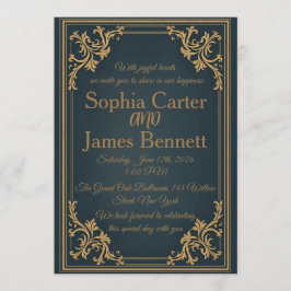 Navy Gold Elegant Formal Wedding Invitation Kaart