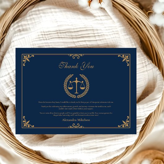 Navy Gold Elegant Law School Afstuderen Bedankkaart