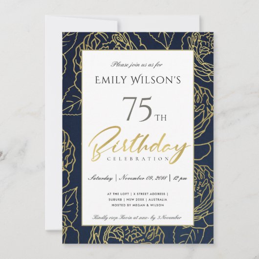 NAVY GOLD ELEGANT ROOS FLORAL ANY LEEFTIJD BIRTHDA KAART (Voorkant)