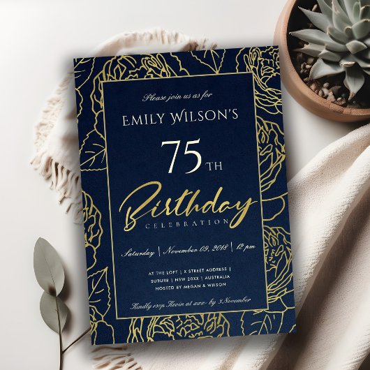 NAVY GOLD ELEGANT ROOS FLORAL ANY LEEFTIJD BIRTHDA KAART