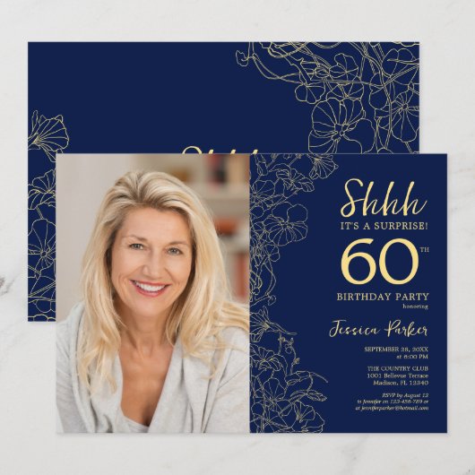 Navy Gold Elegant Verrassingsfoto 60e Verjaardag Kaart (Voorkant / Achterkant)