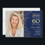 Navy Gold Elegant Verrassingsfoto 60e Verjaardag Kaart<br><div class="desc">Bloemenvloot en goud verrassen 60ste verjaardag uitnodiging met uw foto op de voorkant van de kaart. Elegant modern ontwerp met botanische schets,  accenten en lettertype typografie. Eenvoudige trendy uitnodigingskaart ideaal voor een stijlvol vrouw bday-feest. Kan worden aangepast aan elke leeftijd. Gedrukte Zazzle-uitnodigingen of direct downloadbare digitale afdrukbare sjabloon.</div>