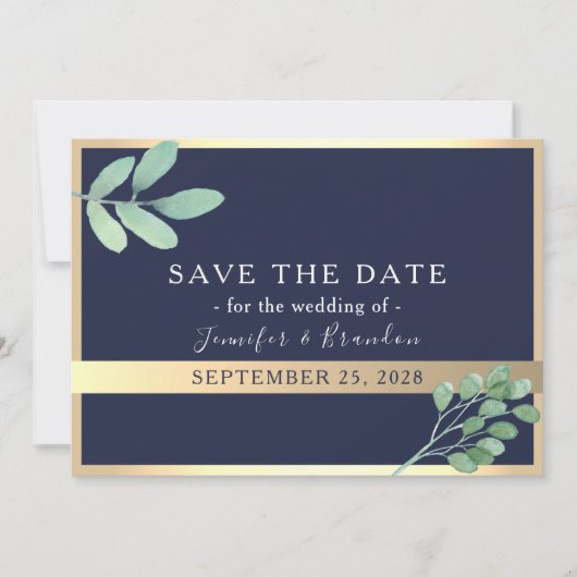 Navy Gold en Greenery bruiloft Save The Date (Voorkant)