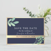 Navy Gold en Greenery bruiloft Save The Date (Staand voorkant)