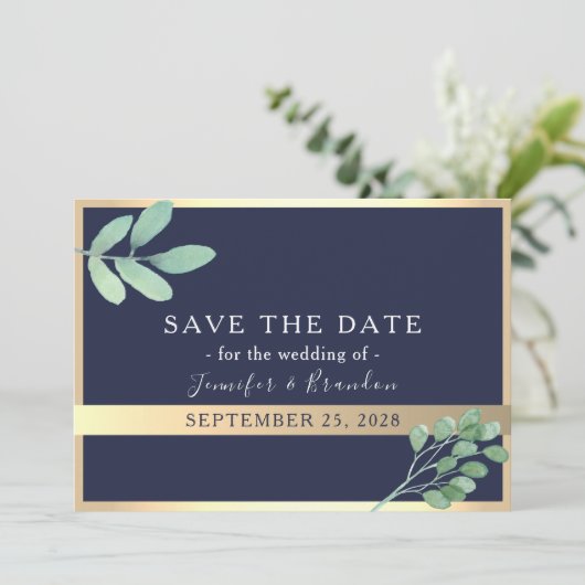 Navy Gold en Greenery bruiloft Save The Date (Staand voorkant)