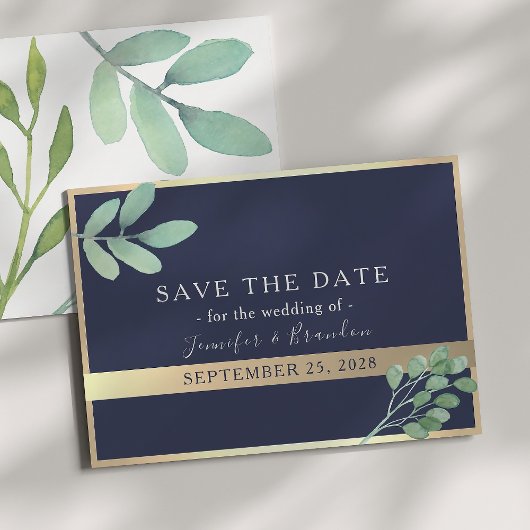 Navy Gold en Greenery bruiloft Save The Date