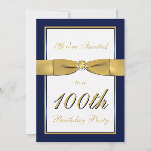 Navy, Gold en White 100th Birthday Invitation Kaart (Voorkant)