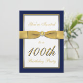 Navy, Gold en White 100th Birthday Invitation Kaart (Staand voorkant)