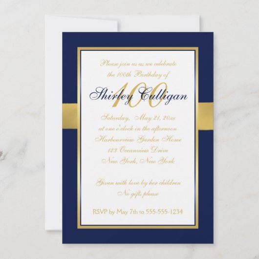 Navy, Gold en White 100th Birthday Invitation Kaart (Achterkant)