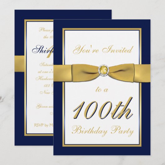 Navy, Gold en White 100th Birthday Invitation Kaart (Voorkant / Achterkant)