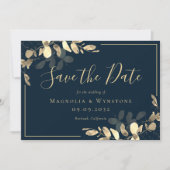 Navy Gold Eucalyptus Save The Date Kaart (Voorkant)