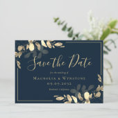 Navy Gold Eucalyptus Save The Date Kaart (Staand voorkant)