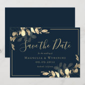 Navy Gold Eucalyptus Save The Date Kaart (Voorkant / Achterkant)