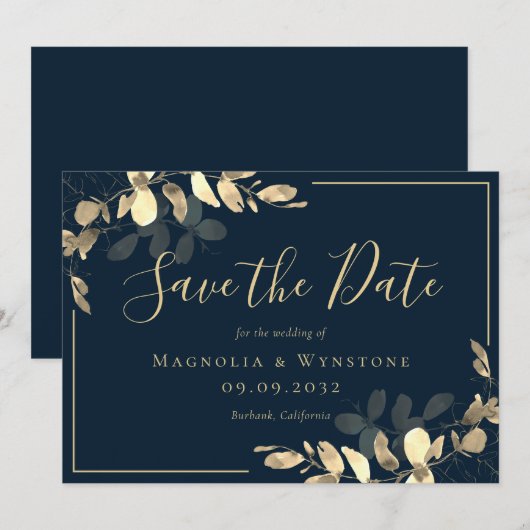 Navy Gold Eucalyptus Save The Date Kaart (Voorkant / Achterkant)