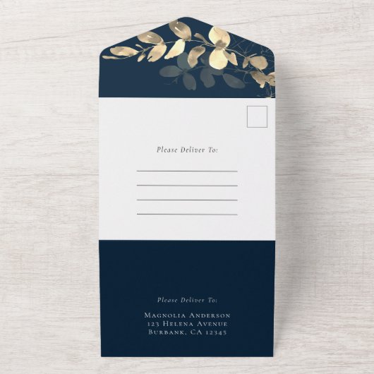 Navy Gold Eucalyptus Vow Renewal All In One Uitnodiging (Buitenkant)