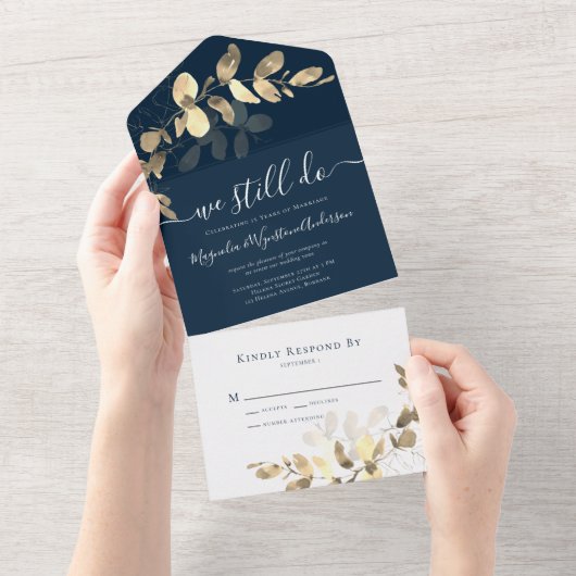 Navy Gold Eucalyptus Vow Renewal All In One Uitnodiging (Afscheurbaar)