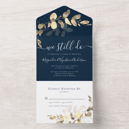 Navy Gold Eucalyptus Vow Renewal All In One Uitnodiging (Binnen)