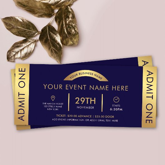 Navy & Gold Event Ticket Business Logo Admit One Kaart