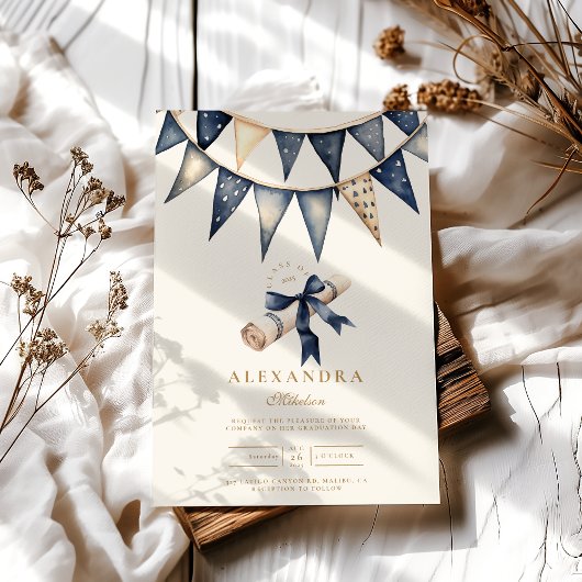 Navy Gold Floral Afstuderen Kaart