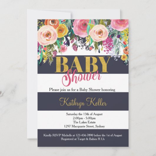Navy & Gold Floral Baby shower Kaart (Voorkant)