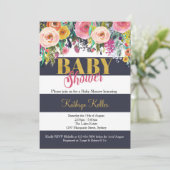 Navy & Gold Floral Baby shower Kaart (Staand voorkant)