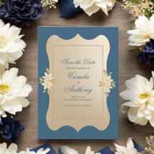 Navy Gold Floral Boho Bruiloft Save The Date