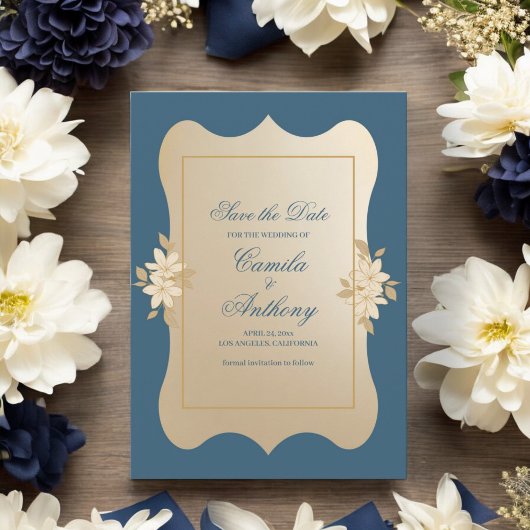Navy Gold Floral Boho Bruiloft Save The Date Kaart