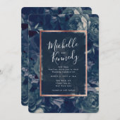 Navy Gold Floral Calligraphy Wedding Invitation Kaart (Voorkant / Achterkant)