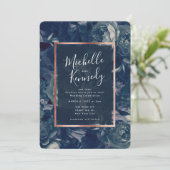 Navy Gold Floral Calligraphy Wedding Invitation Kaart (Staand voorkant)