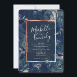 Navy Gold Floral Calligraphy Wedding Invitation Kaart<br><div class="desc">Bohemiaanse boho Wedding themed. Antiek rozen voor de marine en ondoorzichtige ondergrond voor de marine met een Roos Gold Lijst. Mooie donkerblauwe en diepblauwe kleuren.</div>