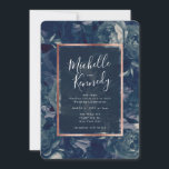 Navy Gold Floral Calligraphy Wedding Invitation Kaart<br><div class="desc">Bohemiaanse boho Wedding themed. Antiek rozen voor de marine en ondoorzichtige ondergrond voor de marine met een Roos Gold Lijst. Mooie donkerblauwe en diepblauwe kleuren.</div>